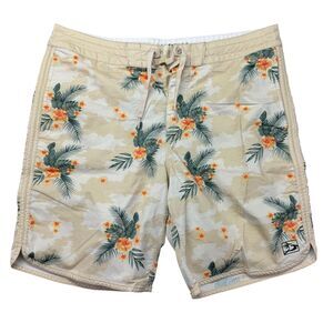 Honolua Hawaii Board Shorts Mens 32 Beige Floral Tropical Swim Trunks Drawstring